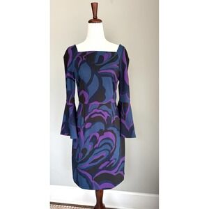 Trina Turk Miley Garden dress bell sleeve square neck purple black blue size 4